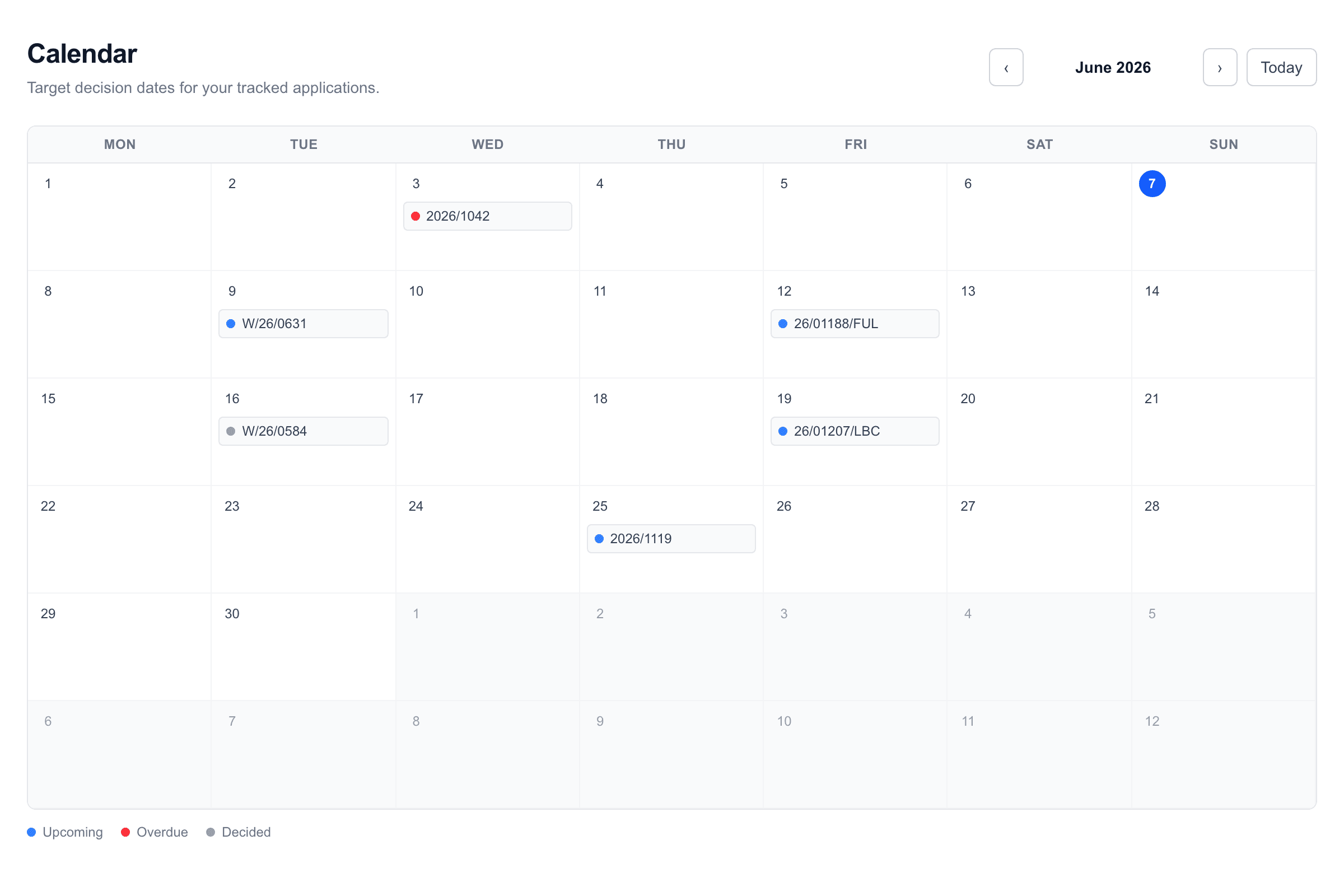 The PlanPulse calendar view showing target decision dates for tracked planning applications
