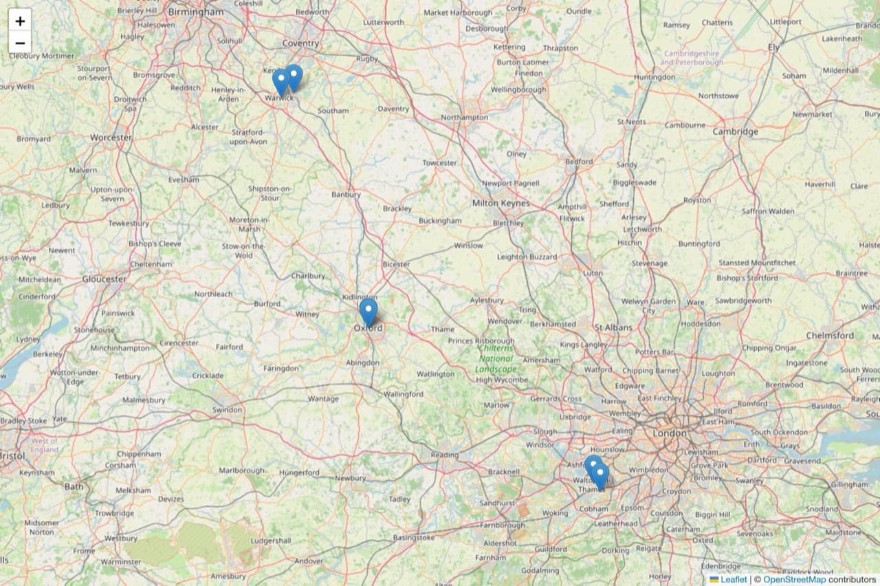 The PlanPulse map view plotting tracked planning applications as pins across a council area