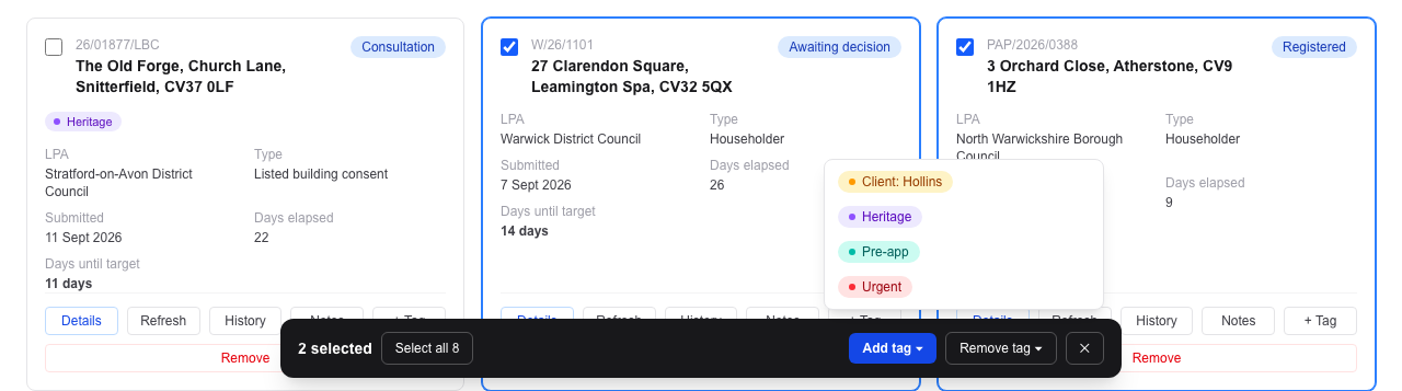 Two Dashboard cards ticked and outlined in blue. A dark bar at the bottom reads 2 selected, with Select all 8, Add tag, Remove tag and a close button. The Add tag menu is open, listing the four tags.
